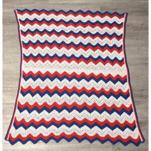 Vintage Crocheted Afghan Red White And Blue Patriotic Throw Blanket 44”x 38”